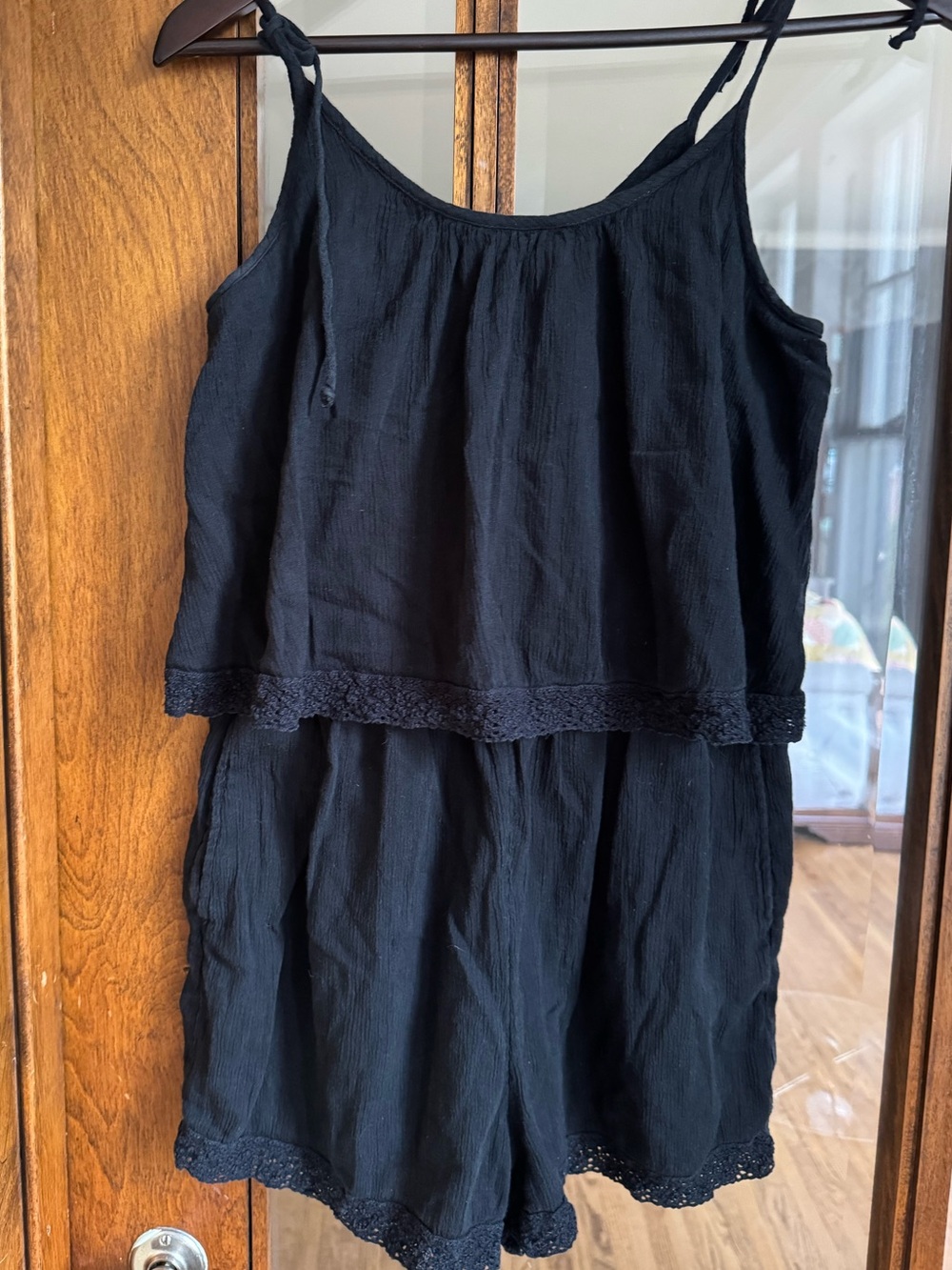 Aerie Black Lace-Trim Romper